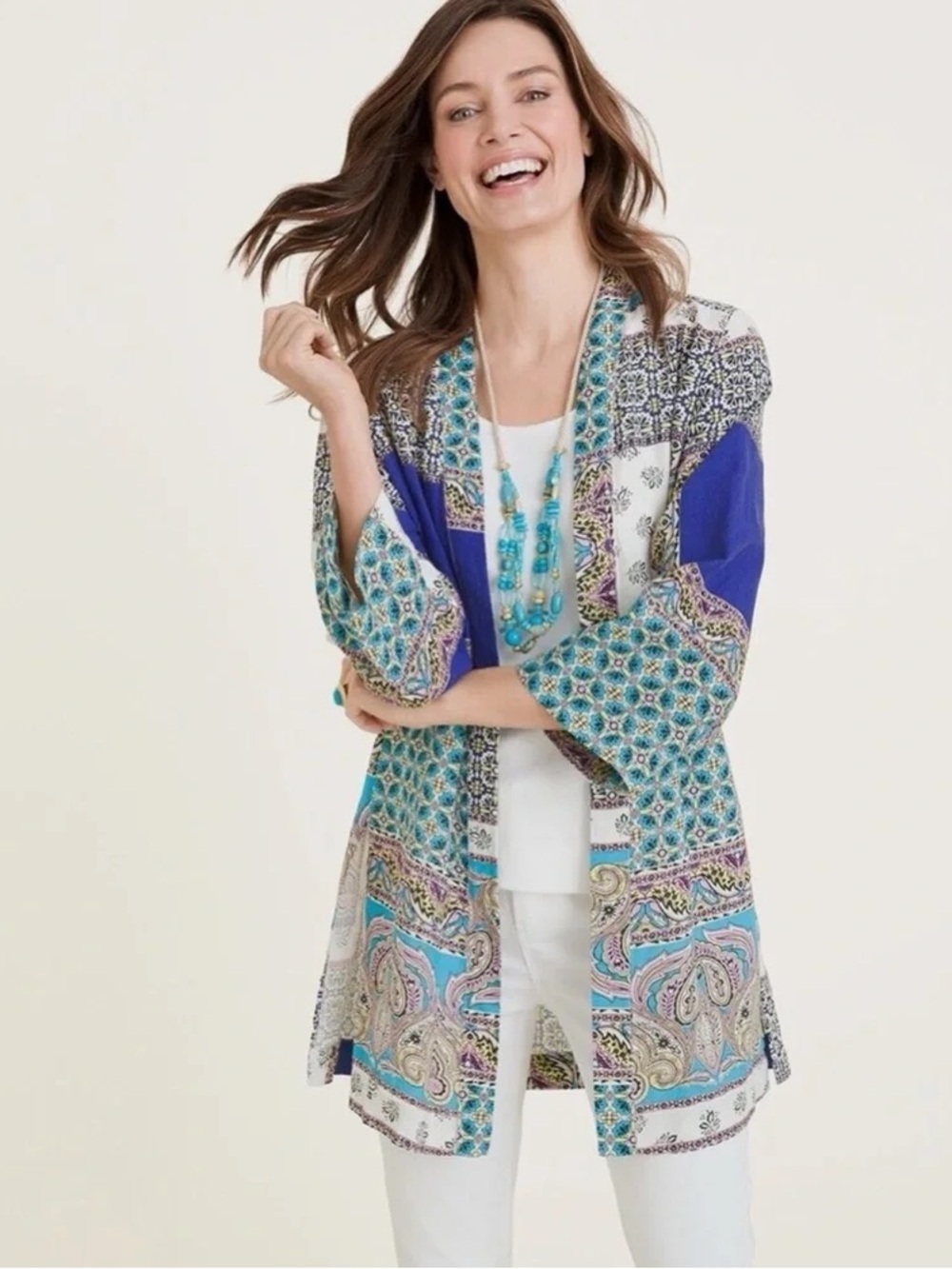 Chicos Floral Paisley Patchwork Linen Ruana Kimono Cardigan Duster 4 Boho